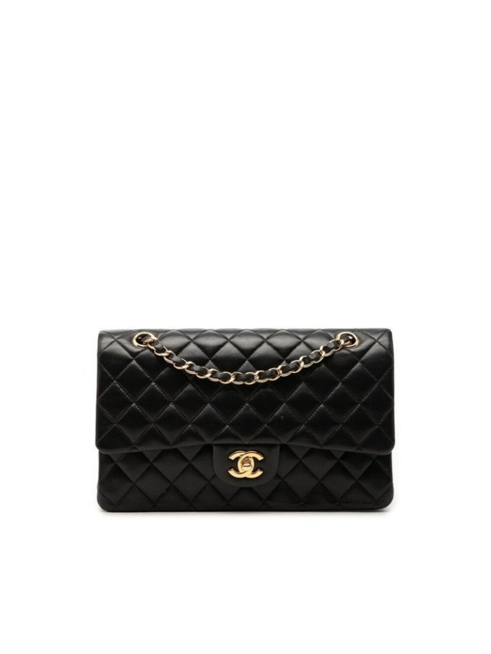Chanel CC Logo Double Flap Quilted 25 Chain Shoulder Bag Black Lambskin